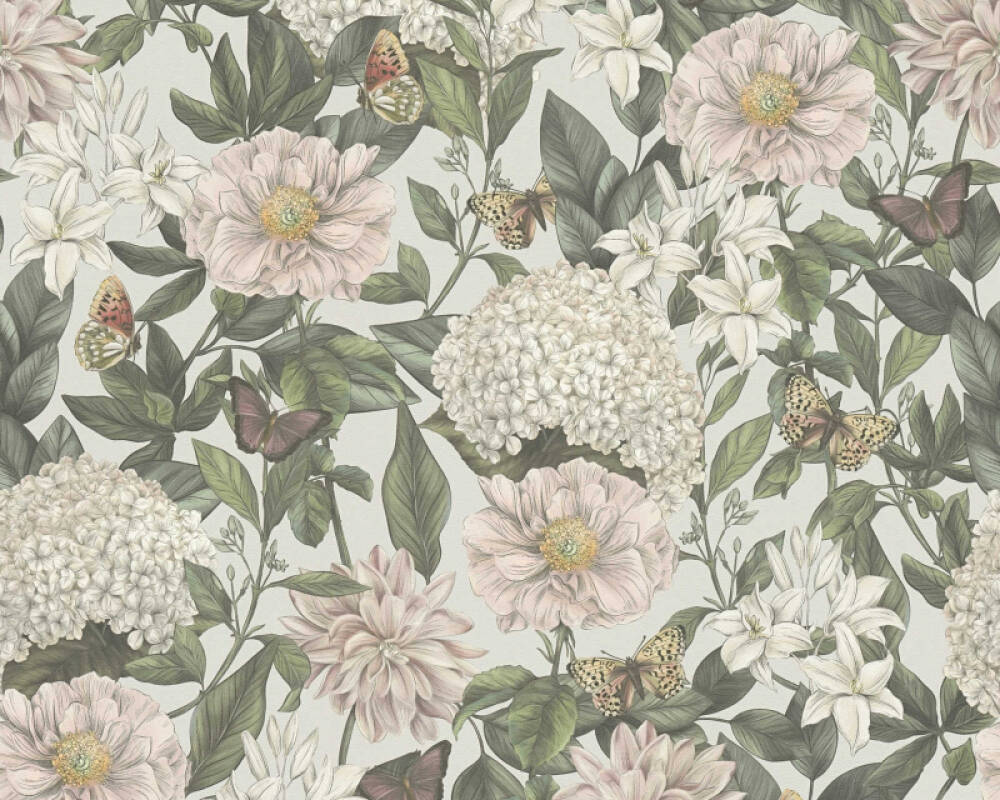 Vliesové tapety zelené listy a bieloružové kvety na šedom pozadí, 39426-4 Drawn into Nature